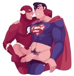 2boys abs barry_allen biceps clark_kent clothed dc erect_nipples_under_clothes flash male/male male_only muscular naughtypelli pants_pulled_down pecs penis penis_size_difference pubic_hair shirt_up stripping superman the_flash