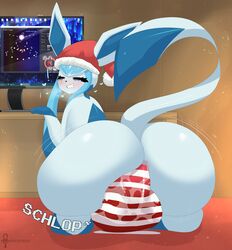 anal ass big_ass christmas christmas_hat cirno computer dildo dildo_in_ass dildo_sitting drooling eeveelution english_text eye_tattoo feral gaming glaceon knot knotted_dildo looking_back masturbation mistpirit nintendo pc pokemon pokemon_(species) pokephilia reimu_hakurei sex_toy smiling_at_viewer text touhou