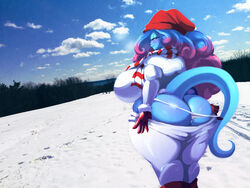 alien_girl ass_cleavage big_ass big_breasts big_butt blue_hair blue_skin bottomwear bubble_butt butt_crack curvy huge_ass huge_breasts huge_butt long_hair looking_at_viewer looking_back mirabelle original original_character pants pants_down photo_background removing_pants riendonut suggestive tail thick_thighs thong wide_hips winter_clothes