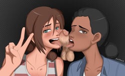 2girls black_hair brown_eyes brown_hair chocolate_and_vanilla collaborative_fellatio dark-skinned_female disembodied_penis ellie_(the_last_of_us) ellie_williams fellatio female_focus freako hairy_balls interracial licking_penis light-skinned_female looking_at_viewer naughty_dog one_eye_closed oral penis riley_abel saliva saliva_on_penis saliva_string tagme the_last_of_us tongue tongue_out v