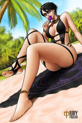 bayonetta bayonetta_(character) bayonetta_2 beach bikini black_hair breasts feet female female_only iury_padilha short_hair