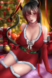 axlone blush busty christmas_ornaments christmas_outfit christmas_presents christmas_tree devil_horns devil_tail heart_ring thighhighs