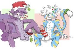 anthro balls christmas condom da_goop duo eyebrows felid genitals gio gobbldy hi_res holidays holly_(plant) humanoid male male/male mammal mephitid mistletoe no_homo pantherine penis plant presenting sexual_barrier_device shy skunk tiger zack_(pundercracker)