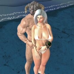 1boy 1girls 3d beach bethesda_softworks big_breasts dovahkiin fallout fallout_4 female helmet looking_back micro_bikini nude nude_male pip-boy red_lipstick romantic skyrim smile sole_survivor_(female) the_elder_scrolls thick_thighs thighs voluptuous