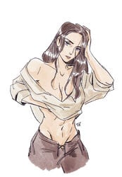 1girls big_breasts brown_eyes brown_hair burdart dark-skinned_female fire_emblem fire_emblem:_three_houses garbagebird hand_on_head holding_breast judith_von_daphnel long_hair looking_at_viewer mature_female nintendo older_female seductive_look shirt_lift sketch