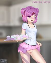 1girls alternate_version_available black_bra_straps blush bra_strap cupcake doki_doki_literature_club eyebrows_visible_through_hair female_only flashing food hair_ribbon hairless_pussy hourglass_figure jay156 looking_at_viewer natsuki_(doki_doki_literature_club) no_panties open_mouth partially_clothed petite pink_eyes pink_hair pink_skirt presenting presenting_pussy pussy short_hair short_skirt skirt skirt_lift small_breasts smile solo solo_female thighs tied_hair watermark