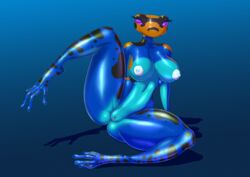 amphibian anthro big_breasts breasts female frog genitals hi_res looking_at_viewer nude poison_dart_frog pussy raised_leg sanfingulipunrapin simple_background sitting solo thick_thighs