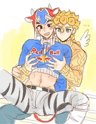 2boys abs big_pecs blush clothed cow_ears cow_horns cow_tail cowboy_shot crop_top expressionless funny giorno_giovanna guido_mista horns jojo's_bizarre_adventure kiiro0609 male_only midriff pecs red_bull sitting_on_lap smile spooning spread_legs toned toned_male vento_aureo yaoi