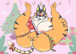 anal anal_fingering anal_masturbation anthro ass blush christmas clawzetto clothing felid fingering furry_only holidays live-a-hero male mammal mask masturbation muscular muscular_anthro muscular_male nipples pantherine pecs robe ryekie_(live_a_hero) solo tiger