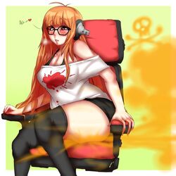 1girls ass blush blushing booty_shorts crossed_eyes explosive fart fart_cloud fart_fetish glasses headphones heart lazei long_hair looking_pleasured moan moaning persona_5 red_chair relieved sakura_futaba shorts steam stockings thick thick_thighs