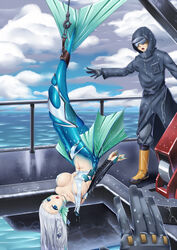 1girls 2:3 :o arms_tied belly_button blue_eyes blue_scales boat breasts bzs_(kage_no_shinobu) concerned covered_nipples crane female fins held_up hi_res high_resolution kage_no_shinobu long_ears long_hair mermaid mermaid_tail monster_girl navel necklace original original_character raised_eyebrow restrained scales sea silver_hair tail_fin torn_bodysuit torn_clothes upside-down webbed_hands webbing wet_body wet_breasts wet_clothing wet_hair wet_skin