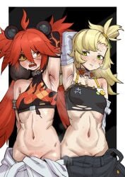 2girls armpits blush blushing clothed ebonyxh koleda_belobog looking_at_each_other midriff multiple_girls musk musk_clouds musky pants_down piper_wheel shaved_pussy smell smelly steam steamy sweat sweatdrop sweating sweaty sweaty_body zenless_zone_zero