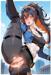 a1exwell ai_generated anus blush female police_uniform policewoman pussy shocked shy stable_diffusion standing_split torn_pants zenless_zone_zero zhu_yuan