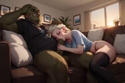 ai_generated blowjob couch elsa_(frozen) frozen_(film) head_grab huge_cock orc orc_male sleep_blowjob sleep_sex sleeping