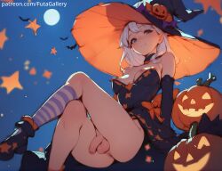 1futa ahe_gao ai_generated balls big_balls blue_eyes blush breasts clothing dickgirl futa_only futagallery futanari genitals halloween hi_res large_breasts long_hair looking_at_viewer nipples original outdoors outside penis posing solo solo_futa white_hair witch_costume witch_hat young