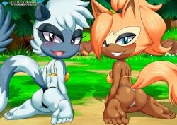 ass bbmbbf bikini blush blushing erect_nipples feet fur gold_fur grey_fur horny looking_at_viewer looking_back mobius_unleashed palcomix ponytail ponytail_hold sega sideboob soles sonic_(series) sonic_the_hedgehog_(series) tangle_the_lemur whisper_the_wolf white_fur