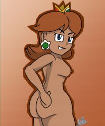 1girls 2d ass ass_focus blue_eyes breasts brown_hair crown daisy's_hot_stuff_(trend) ear_piercing earrings female female_only hand_on_butt looking_back mario_(series) mario_strikers mario_strikers_princess_daisy_side_view_redraw_(meme) nintendo nude nude_female pose princess princess_daisy smile solo sports_uniform sportswear tan-skinned_female tan_body tan_skin theazureartist thighs