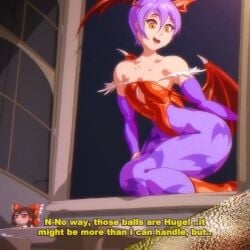 1girls angelauxes big_ass capcom censored darkstalkers female light-skinned_female lilith_aensland looking_at_another orange_eyes purple_hair small_breasts smiling_at_another succubus succubus_wings tagme thick_thighs