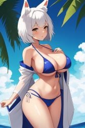 ai_generated azur_lane beach big_breasts bikini blue_bikini fox_ears kaga_(azur_lane) sfa1903 trees white_hair