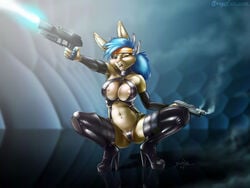 anthro areola_slip blue_hair breasts bunny butt fat_mons female furry gun gunbunny harness high_heel_boots high_heels hips jeremy_bernal large_breasts navel_piercing open_mouth painted_nails partially_visible_vulva ponytail rabbit sexyfur skimpy_clothes skintight smoke solo squatting thong tied_hair weapon