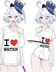 adorable blue_eyes brat cute cute_face cute_fang furina_(genshin_impact) genshin_impact heterochromia shirt shirt_pull smug smug_face vibrator white_hair