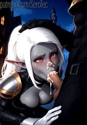 1female 1girls 2d ai_generated assassin blowjob cum cum_in_mouth dark_elf dark_elf_female detailed_female drow female girl hand_on_head hi_res high_resolution highres oral oral_sex original_character pony_diffusion_xltasy ponytail pov serotec silver_hair white_hair