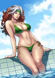 1girls anna_marie artist_signature bikini brown_hair busty curvy gloves headband light-skinned_female light_skin marvel marvel_comics mutant pins rogue_(x-men) superheroine swimsuit thick_thighs thotlerrr treartz white_hair x-men