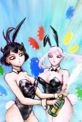 2girls alcoholic_drink bc_stars black_clover bottle bunny_costume bunny_ears bunny_girl bunny_tail bunnysuit female female_only horns light-skinned_female light_skin medium_breasts multiple_girls noelle_silva secre_swallowtail small_breasts thick_ass thick_thighs