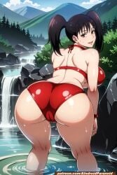 1girls ai_generated aindroidparanoid ass ass_focus big_breasts bikini black_hair breasts brown_eyes cameltoe covered_nipples fat_ass female female_only huge_ass jujutsu_kaisen large_breasts nipples nobuko_takada river solo stable_diffusion swim twintails water wet