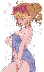 1girls ahoge blonde_hair blue_towel blush bocchi_the_rock! breasts closed_eyes covered_nipples female female_masturbation female_only heart highres ijichi_nijika long_hair masturbation mel_(melty_pot) naked_towel navel nipple_stimulation open_mouth self_fondle simple_background small_breasts solo towel wet wet_hair white_background