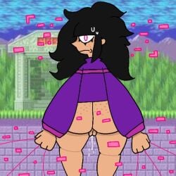 1girls ass ass big_ass big_butt black_hair female female_only glitch glitching holding_string long_black_hair long_hair looking_at_viewer looking_back marble_zone_(sonic_games) needlemouse_(series) pussy pussy_juice pussy_juice_drip red_sclera sarah_henderson_(needlemouse) shirt strings sweatdrop