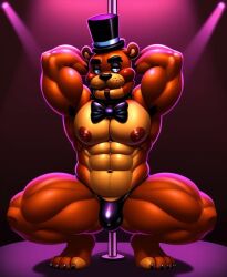 1boy abs ai_generated anthro athletic_male aureo bara barazoku bear biceps bowtie built cyborg five_nights_at_freddy's freddy_(fnaf) freddy_fazbear gay hands_behind_head male nipples on_tiptoes pecs pole pole_dancing solo squatting strip_club thighs thong tophat ursid ursine