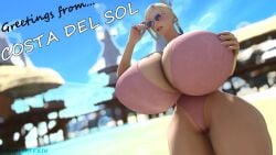 1girls 3d beach bikini blonde_hair costa_del_sol depth_of_field female female_only final_fantasy final_fantasy_xiv huge_breasts hyper hyper_breasts hyur light-skinned_female minfilia slutsofffxiv smiling square_enix sunglasses tagme thick_thighs