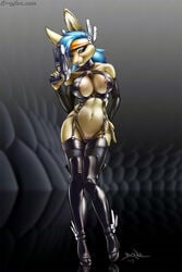 anthro blue_hair breasts bunny female furry gun gunbunny jeremy_bernal large_breasts leather nipples piercing rabbit sexyfur stockings thigh_highs vagina weapon