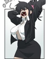 2d 2d_(artwork) 2d_artwork ass big_breasts black_clothing black_dress black_hair black_uniform breasts drpizzaboi1 female hair inker_comics inkershike open_mouth ponytail solo stretch stretching tagme teeth uniform we_are_101 yawning