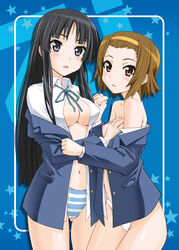 black_hair blue_eyes blush brown_eyes brown_hair dark_hair female female_only human human_only k-on! mio_akiyama_(k-on!) multiple_girls mutsuki_ginji panties ritsu_tainaka_(k-on!) school_uniform star striped striped_panties underwear undressing white_panties yuri