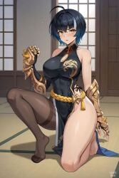 ai_generated blue_hair blush blush cheongsam crouching gauntlets large_breasts on_one_knee seo_jiwoo_(solo_leveling) solo_female solo_focus solo_leveling thick_thighs tights wide_hips yellow_eyes