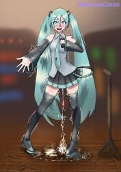 blush hatsune_miku light_blush micturate_omiah omorashi peeing peeing_self shaking smiling urinating urinating_female urination urine urine_on_ground urine_puddle urine_stream vocaloid wetting wetting_self