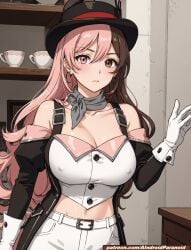 ai_generated aindroidparanoid bedroom bicolored_hair big_breasts breasts brown_eyes brown_hair hat heterochromia huge_breasts indoors large_breasts narrow_waist neo_(rwby) nipples pink_eyes pink_hair rwby slim_waist stable_diffusion tits