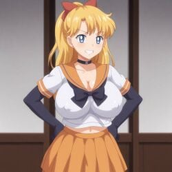 ai_generated big_breasts bishoujo_senshi_sailor_moon blonde_hair blue_eyes blush bow busty choker cleavage clothing curvy elbow_gloves facing_viewer female female_only grin hands_on_hips hi_res highres large_breasts midriff minako_aino navel orange_skirt pony_diffusion_xl red_bow sailor_venus school_uniform schoolgirl serafuku seraphim_ai skirt smile solo stable_diffusion white_shirt