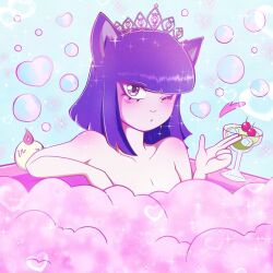 1girls bathing bathtub covered_nipples crown komoreb__i komorebi purple_eyes purple_hair shower showering sillyelly wink winking_at_viewer