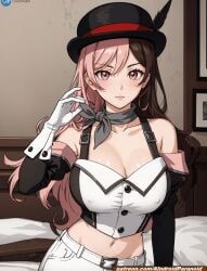 ai_generated aindroidparanoid bedroom bicolored_hair big_breasts breasts brown_eyes brown_hair hat heterochromia huge_breasts indoors large_breasts narrow_waist neo_(rwby) nipples pink_eyes pink_hair rwby slim_waist stable_diffusion