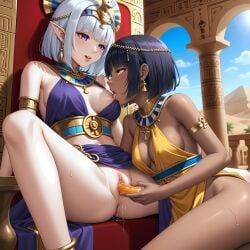 ai_generated cute dark-skinned_female dark_hair dildo_insertion egyptian_female lesbian_domination nipple_play pointy_ears white_hair