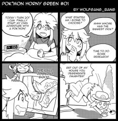 2girls comic dicks english_text hentai leaf_(pokemon) manga monochrome pokeharlot pokemon pokemon_frlg pokephilia speech_bubble text waifu wolfgang_bang wolfrad_senpai