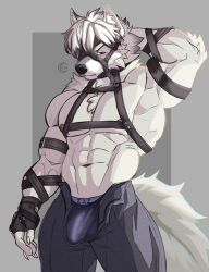 2024 abs anthro areola armband bangs barazoku biceps big_bulge big_muscles border bottomwear bulge canid canine canis classicmuzzle_(artist) claws clothed clothing detailed_bulge fingerless_gloves frown fur genital_outline gloves grey_background grey_border hair hand_behind_head handwear harness hi_res leather looking_at_viewer male male_only mammal mask mihoyo muscular muscular_anthro muscular_male navel nipples obliques pants pecs penis_outline serratus simple_background solo solo_male standing straps thick_arms thick_thighs topless topless_anthro topless_male triceps tuft underwear unzipped von_lycaon watermark wolf zenless_zone_zero zipper