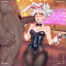 1boy 1girls ai_generated battle_bunny_riven bunny_ears casino dark-skinned_male female huge_cock league_of_legends light-skinned_female male medium_breasts novelai penis_awe recording riven size_difference thick_thighs veiny_penis viewfinder white_hair yellow_eyes