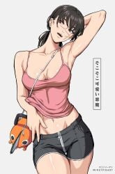 1girls armpit armpit_fetish big_breasts black_hair breasts chainsaw_man clothing female female_only handbag light-skinned_female light_skin long_hair mikeypieart open_mouth pochita_(chainsaw_man) red_eyes scar_on_face shorts standing tank_top yoru_(chainsaw_man)