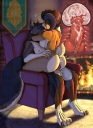 animal_genitalia animal_penis anthro armchair ass balls big_butt bodily_fluids bovid breasts brown_body brown_fur canid canine canine_genitalia canine_penis caprine chair closed_eyes cum cum_in_uterus cum_inside detailed_background digitigrade female fireplace fluffy fluffy_tail from_front_position fur furniture genital_fluids genitals goatykai grabbing_hips heart_symbol hi_res horn kissing knot knotting long_tail lotus_position male male/female mammal multicolored_body multicolored_fur orange_body orange_fur penetration penile penile_penetration penis sex sitting star_tattoo tail tattoo uterus white_body white_fur x-ray_view