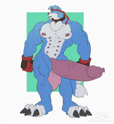 abs blue_fur collar digimon digimon_(species) foreskin fur furry gaomon huge_butt huge_cock large_penis male male_only multi_nipple muscles muscular muscular_male penis standing toe_claws uncut white_fur wolfsecret