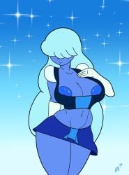 ar34 bangs_over_eyes big_breasts blue_hair blue_skin cleavage elbow_gloves gem_(species) gloves long_hair miniskirt nipples nipples_outside puffy_short_sleeves sapphire_(steven_universe) smile steven_universe thick_thighs v-line wide_hips